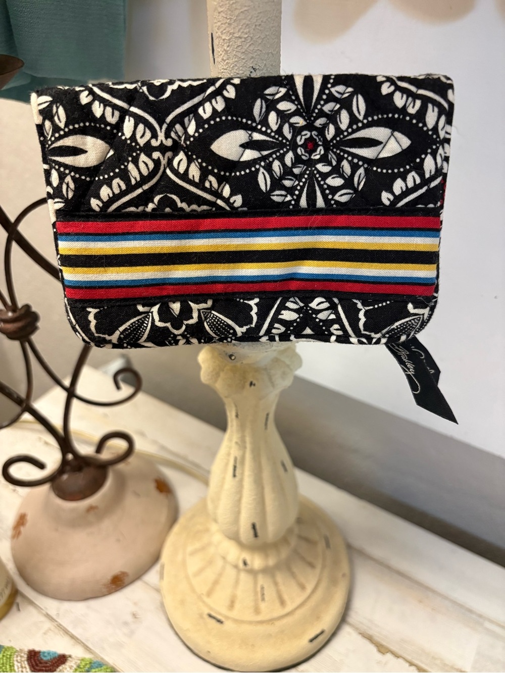 Vera Bradley Black and White Patterned Zip Wristlet with Multicolor Stripe